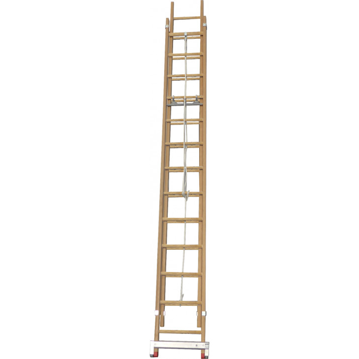 Echelle coulisse 2 plans montants bois échelons bois longueur pliée 302 cm -  longueur dépliée 485 cm avec stabilisateur