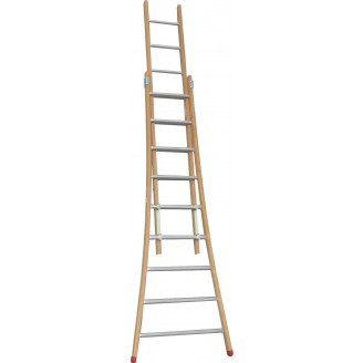 Echelle coulisse à main 2 plans  montants bois échelons alu longueur pliée 302 cm -  longueur dépliée 484 cm base évasée