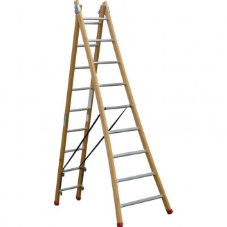 Echelle transformable 2 plans montants bois échelons alu longueur pliée 250 cm -  longueur dépliée 406 cm