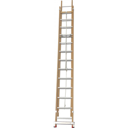 Echelle coulisse 2 plans montants bois échelons alu longueur pliée 354 cm -  longueur dépliée 590 cm avec stabilisateur